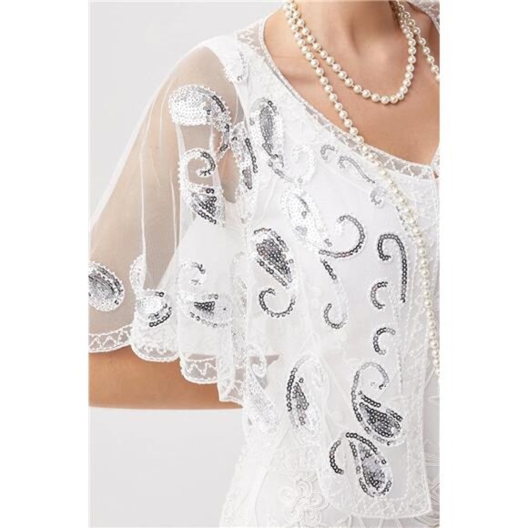 Shawl Wraps Sequin Beaded Cape White - Picture 3 of 6